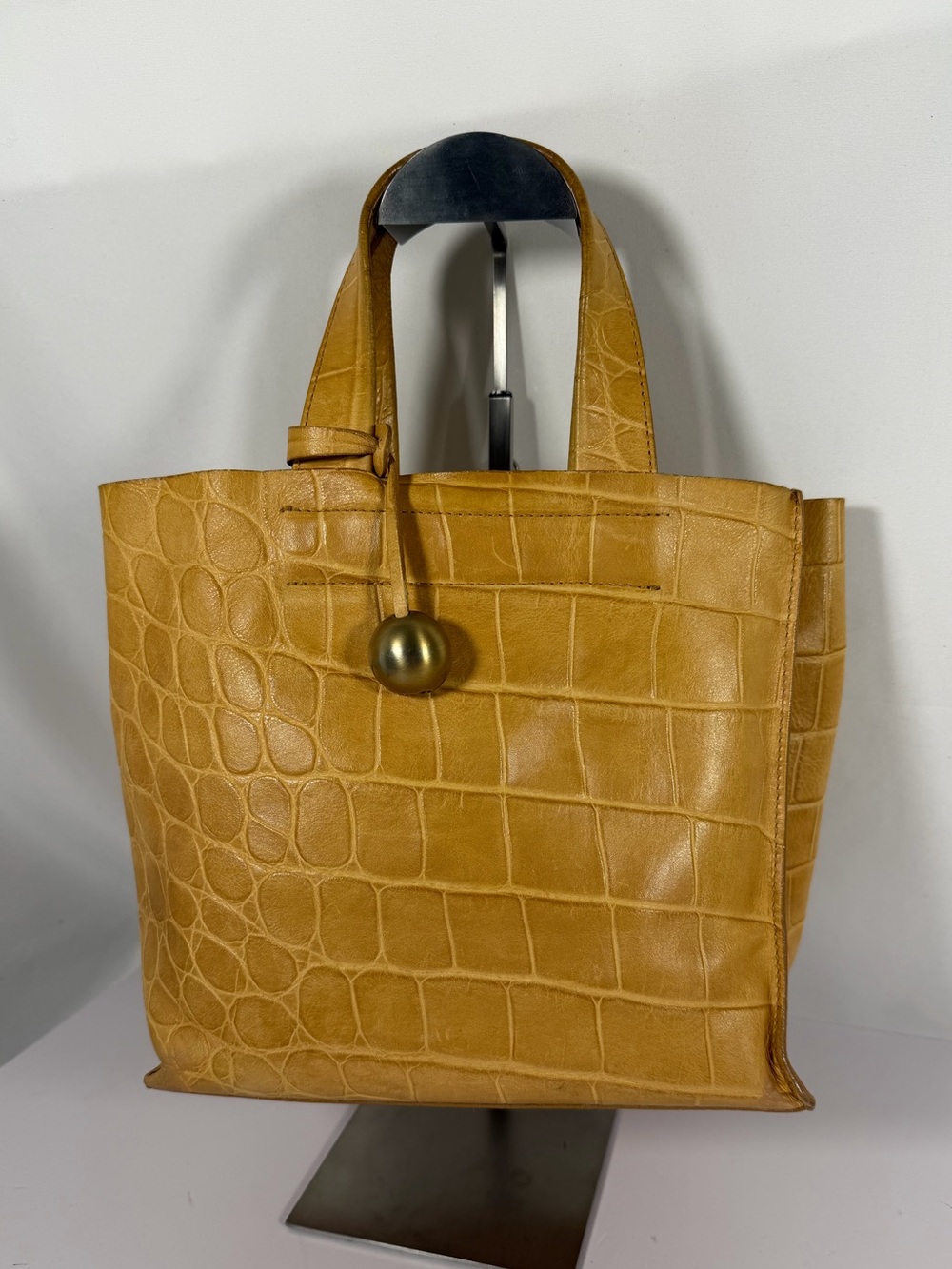 4288: Furla Croc Embossed Genuine Leather Tote Bag Mustard Yellow